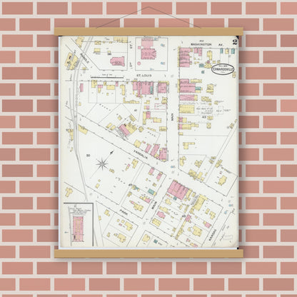 Old map wall art mockup — magnetic wood frame on brick wall — Sanborn Fire Insurance Map from Edwardsville, Madison County, Illinois (1892), Sheet #0002