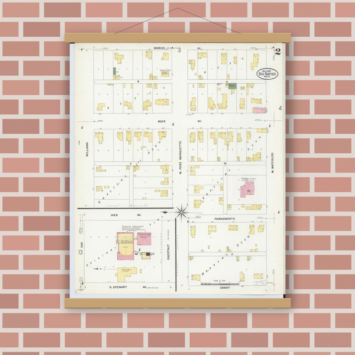 Old map wall art mockup — magnetic wood frame on brick wall — Sanborn Fire Insurance Map from Big Rapids, Mecosta County, Michigan (1908), Sheet #0002