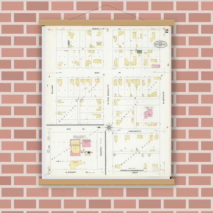 Old map wall art mockup — magnetic wood frame on brick wall — Sanborn Fire Insurance Map from Big Rapids, Mecosta County, Michigan (1908), Sheet #0002