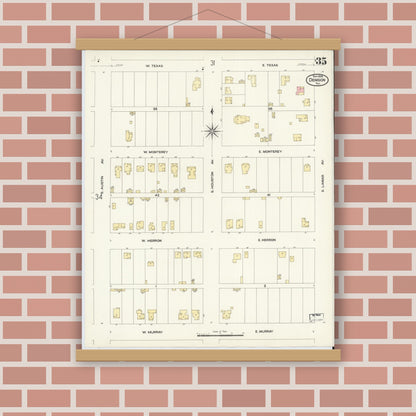 Old map wall art mockup — magnetic wood frame on brick wall — Sanborn Fire Insurance Map from Denison, Grayson County, Texas (1908), Sheet #0035