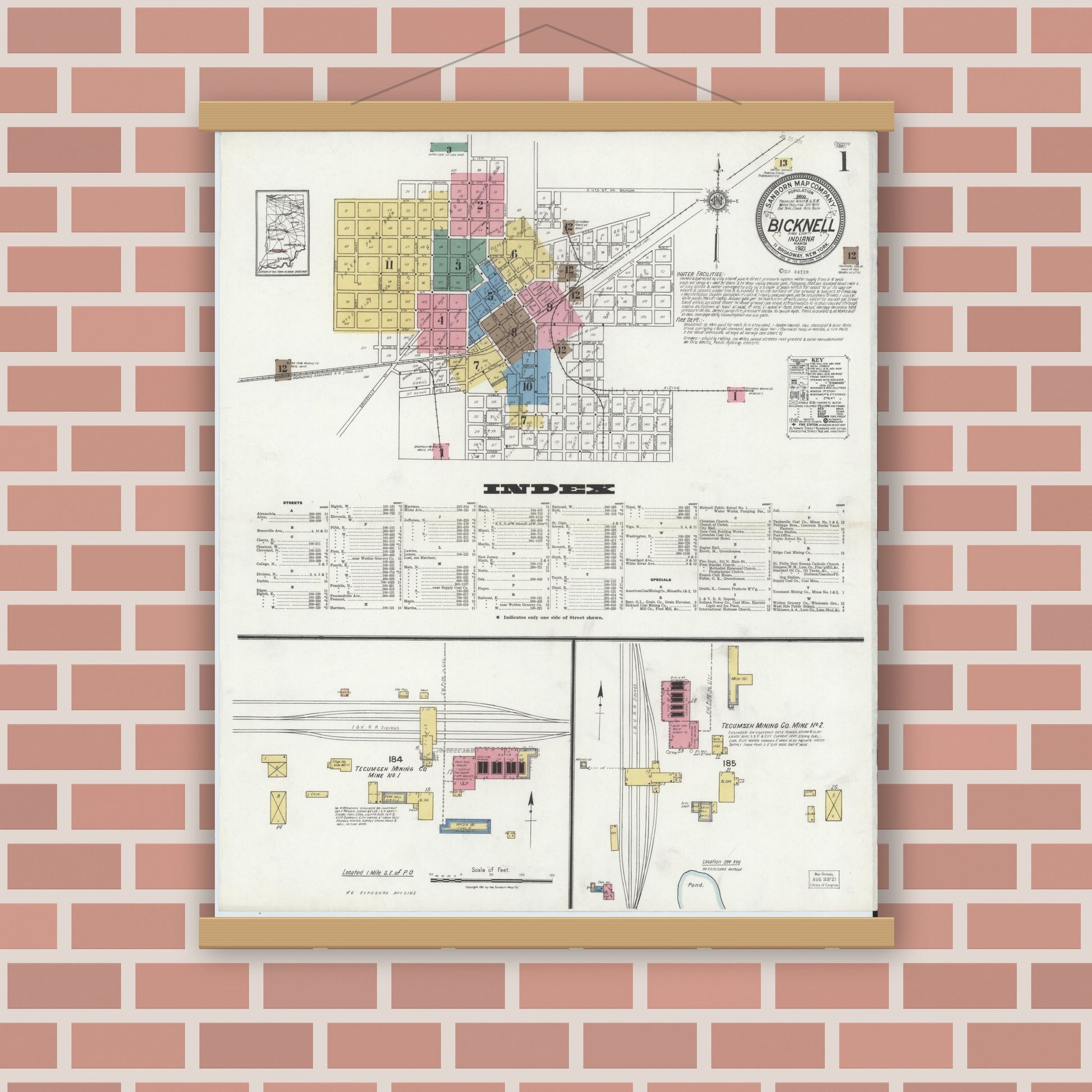 Old map wall art mockup — magnetic wood frame on brick wall — Sanborn Fire Insurance Map from Bicknell, Knox County, Indiana (1921) - Complete Map Set