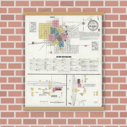 Old map wall art mockup — magnetic wood frame on brick wall — Sanborn Fire Insurance Map from Bicknell, Knox County, Indiana (1921) - Complete Map Set
