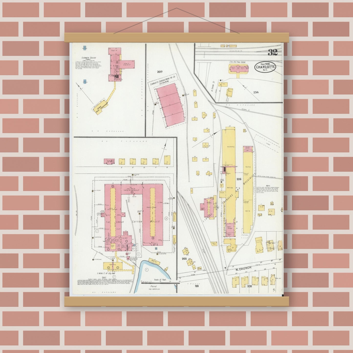 Old map wall art mockup — magnetic wood frame on brick wall — Sanborn Fire Insurance Map from Charlotte, Mecklenburg County, North Carolina (1905), Sheet #0032