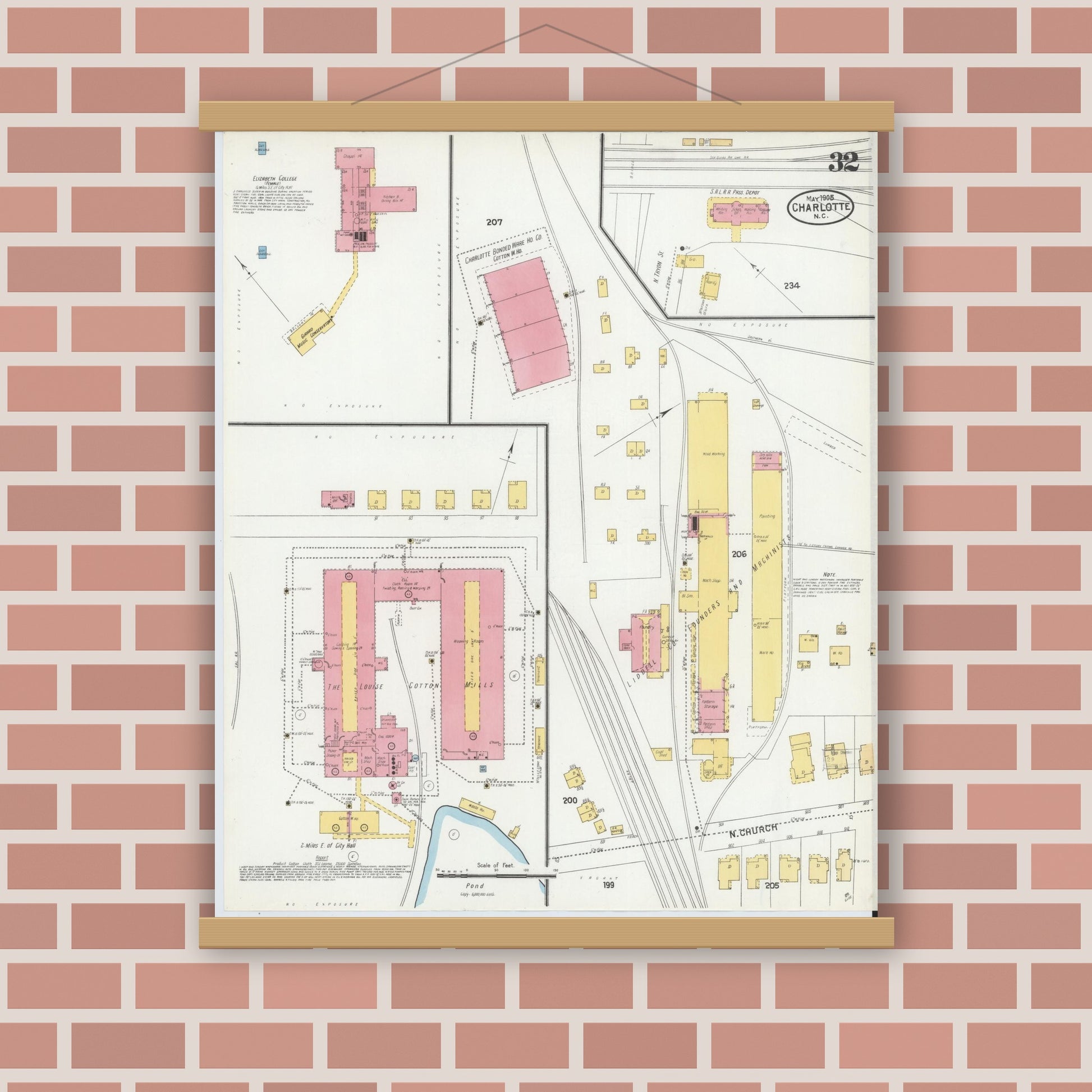 Old map wall art mockup — magnetic wood frame on brick wall — Sanborn Fire Insurance Map from Charlotte, Mecklenburg County, North Carolina (1905), Sheet #0032