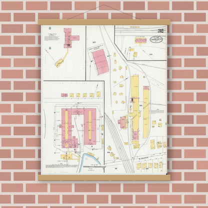 Old map wall art mockup — magnetic wood frame on brick wall — Sanborn Fire Insurance Map from Charlotte, Mecklenburg County, North Carolina (1905), Sheet #0032