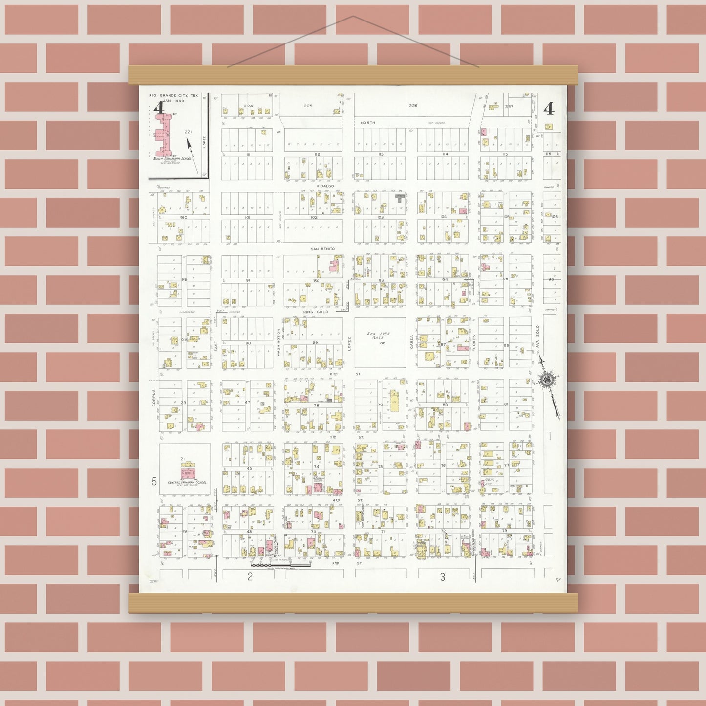 Old map wall art mockup — magnetic wood frame on brick wall — Sanborn Fire Insurance Map from Rio Grande City, Starr County, Texas (1940), Sheet #0004