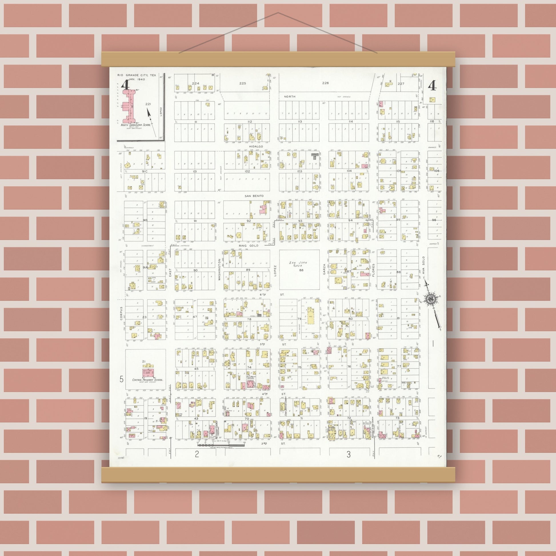 Old map wall art mockup — magnetic wood frame on brick wall — Sanborn Fire Insurance Map from Rio Grande City, Starr County, Texas (1940), Sheet #0004