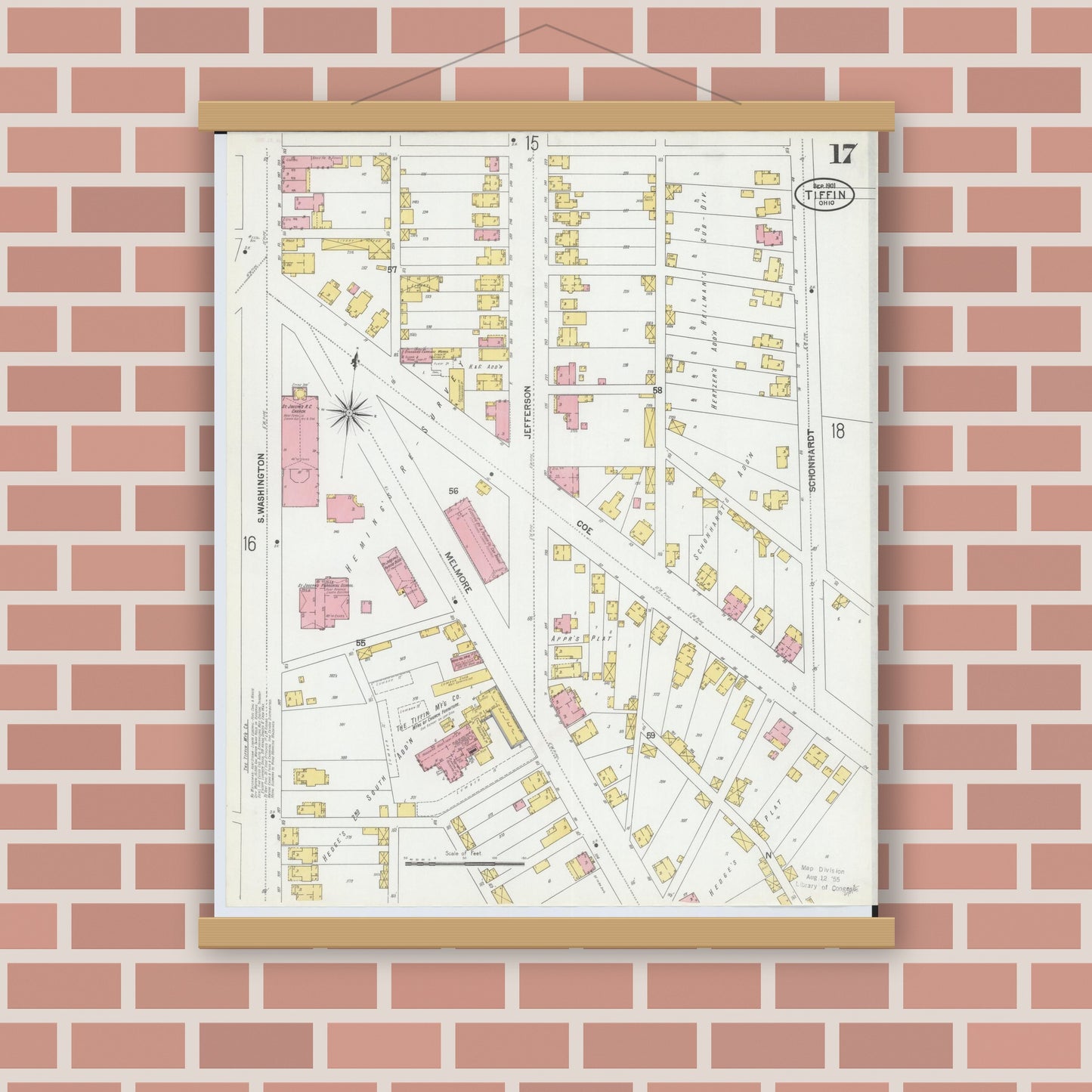 Old map wall art mockup — magnetic wood frame on brick wall — Sanborn Fire Insurance Map from Tiffin, Seneca County, Ohio (1901), Sheet #0017