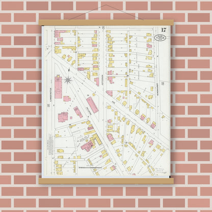 Old map wall art mockup — magnetic wood frame on brick wall — Sanborn Fire Insurance Map from Tiffin, Seneca County, Ohio (1901), Sheet #0017