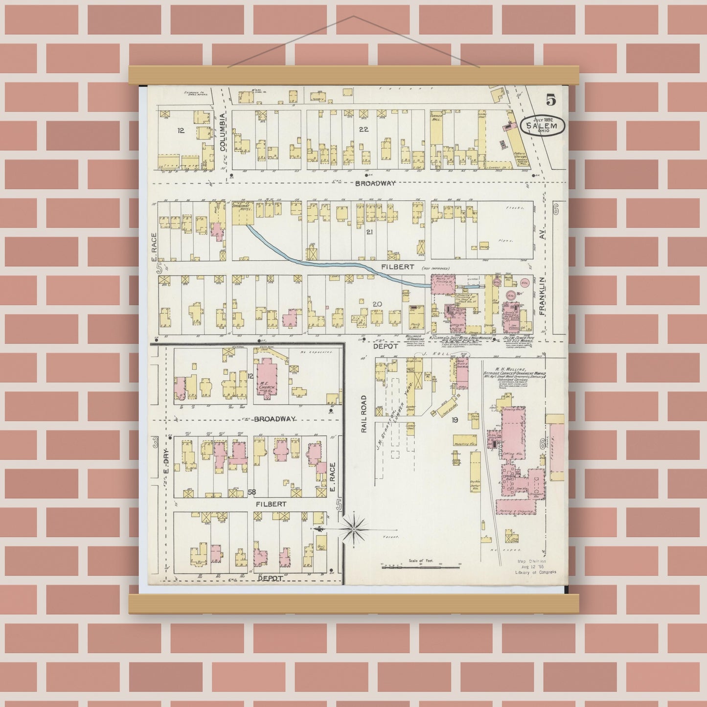 Old map wall art mockup — magnetic wood frame on brick wall — Sanborn Fire Insurance Map from Salem, Columbiana County, Ohio (1892), Sheet #0005