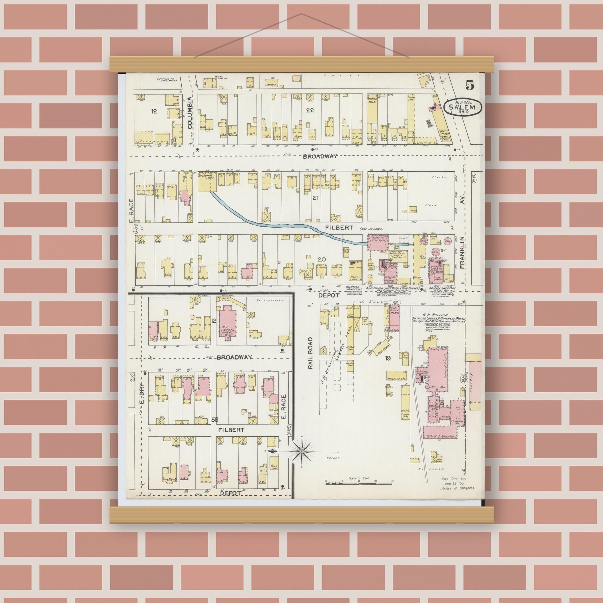 Old map wall art mockup — magnetic wood frame on brick wall — Sanborn Fire Insurance Map from Salem, Columbiana County, Ohio (1892), Sheet #0005
