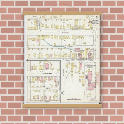 Old map wall art mockup — magnetic wood frame on brick wall — Sanborn Fire Insurance Map from Salem, Columbiana County, Ohio (1892), Sheet #0005