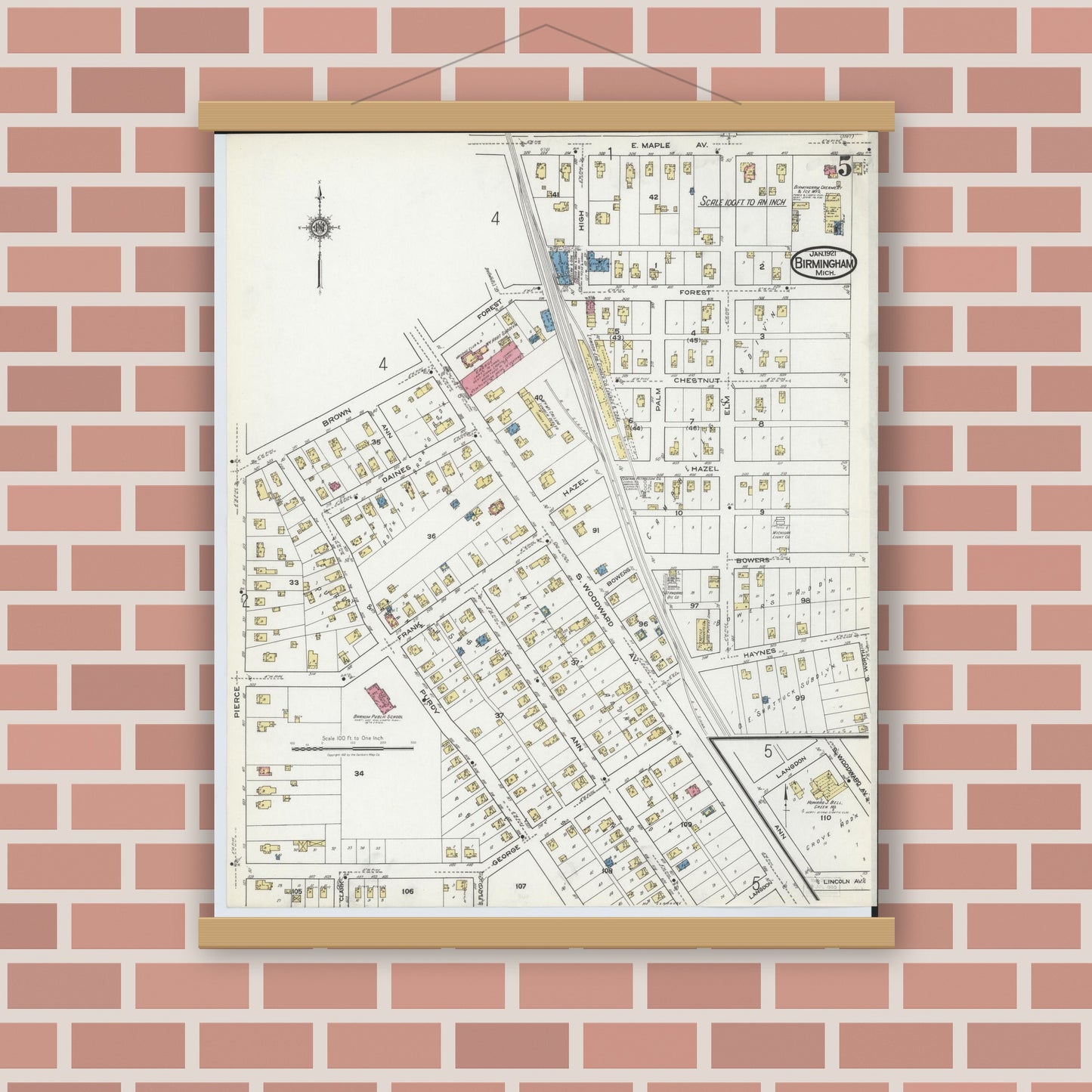 Old map wall art mockup — magnetic wood frame on brick wall — Sanborn Fire Insurance Map from Birmingham, Oakland County, Michigan (1921), Sheet #0005