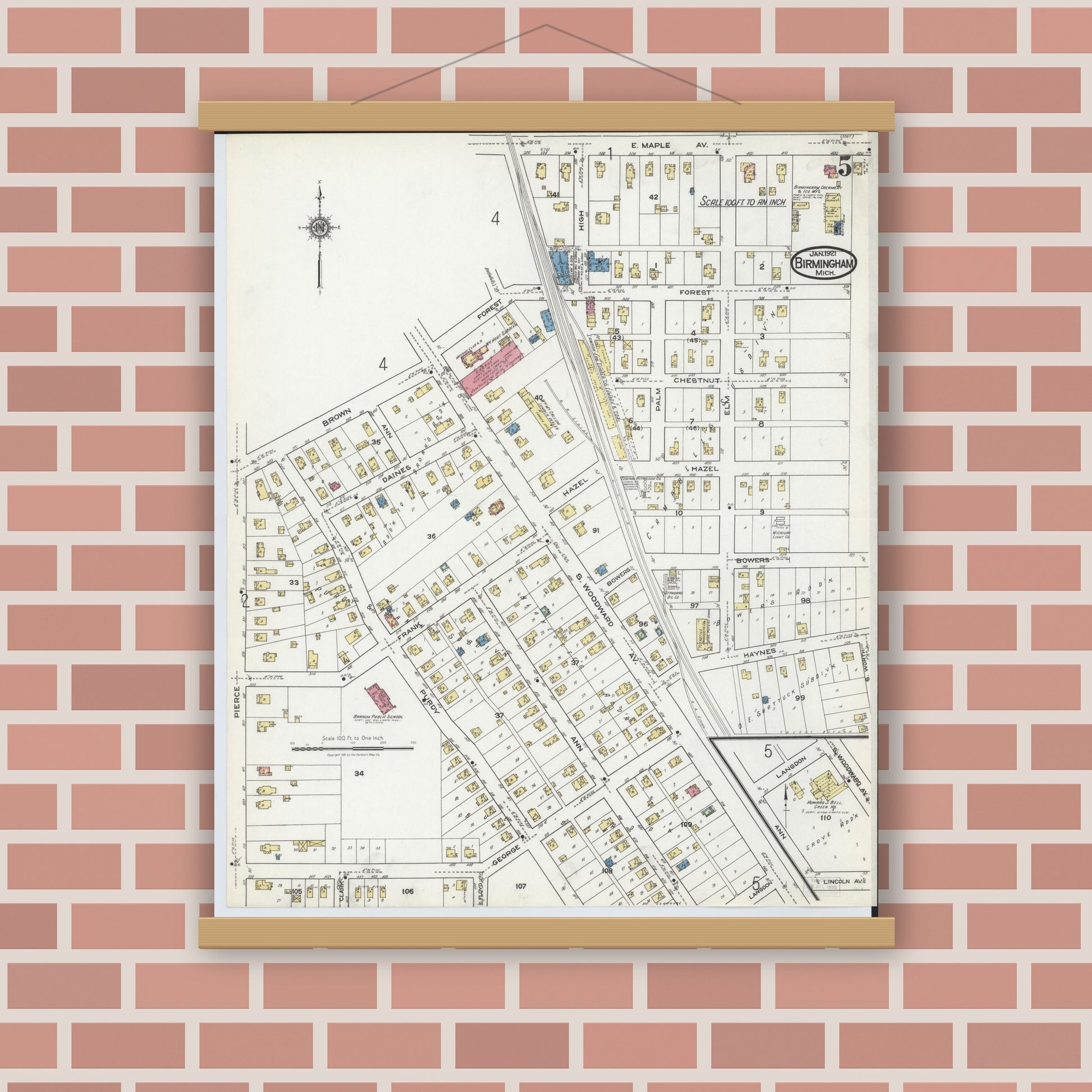 Old map wall art mockup — magnetic wood frame on brick wall — Sanborn Fire Insurance Map from Birmingham, Oakland County, Michigan (1921), Sheet #0005