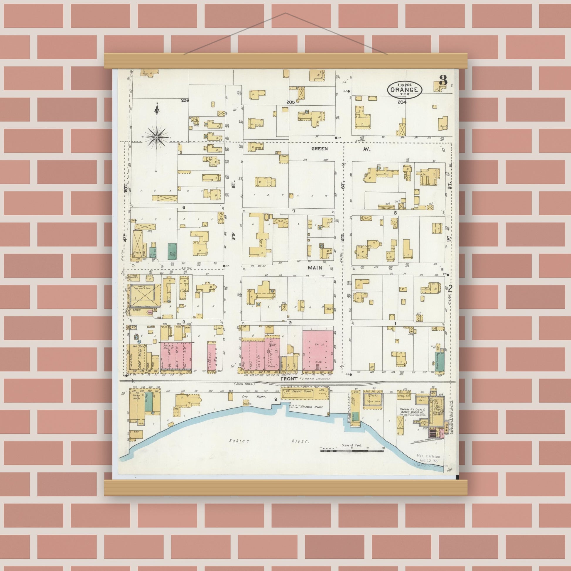 Old map wall art mockup — magnetic wood frame on brick wall — Sanborn Fire Insurance Map from Orange, Orange County, Texas (1904), Sheet #0003