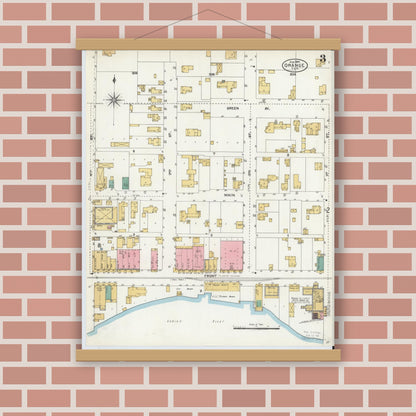 Old map wall art mockup — magnetic wood frame on brick wall — Sanborn Fire Insurance Map from Orange, Orange County, Texas (1904), Sheet #0003
