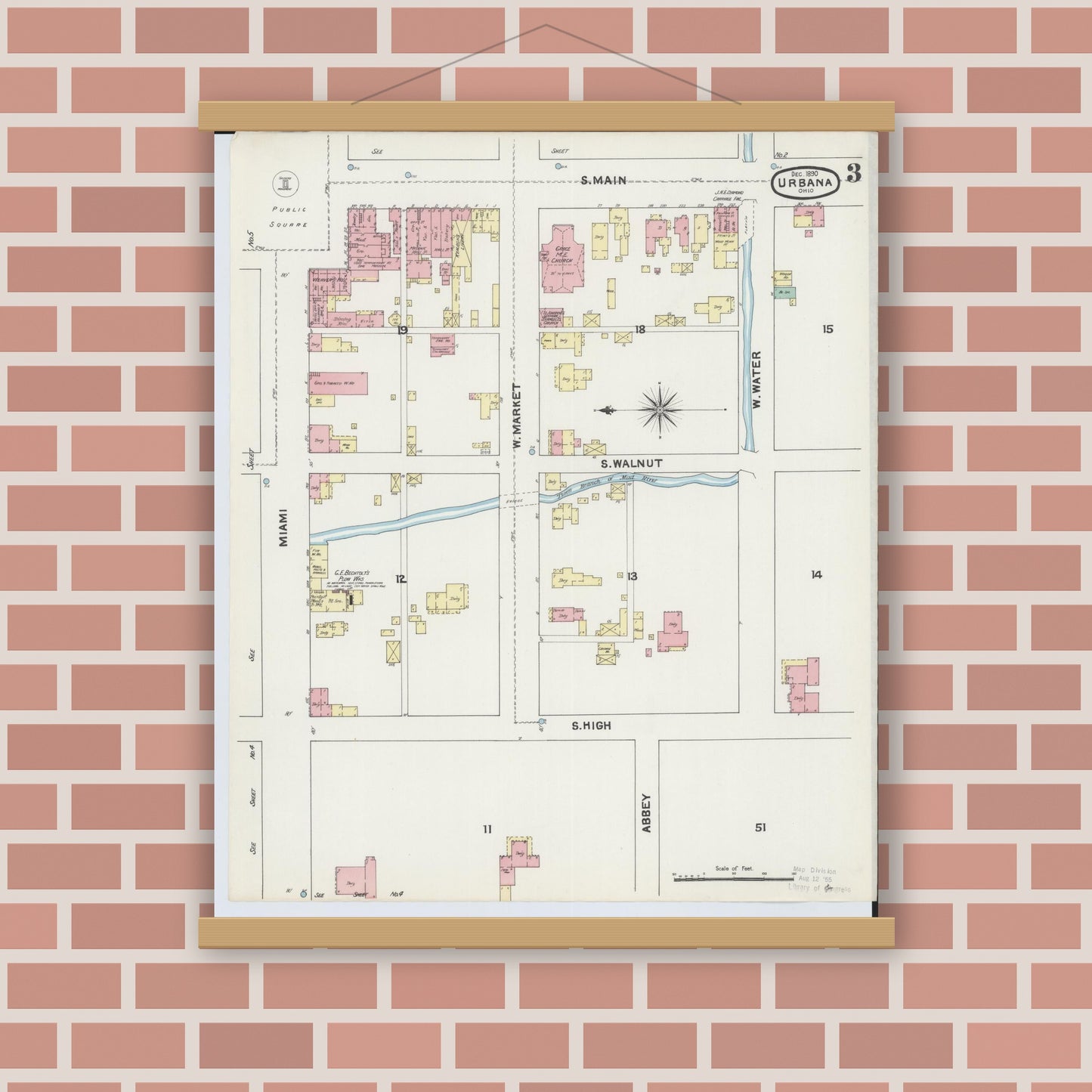 Old map wall art mockup — magnetic wood frame on brick wall — Sanborn Fire Insurance Map from Urbana, Champaign County, Ohio (1890), Sheet #0003