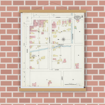 Old map wall art mockup — magnetic wood frame on brick wall — Sanborn Fire Insurance Map from Urbana, Champaign County, Ohio (1890), Sheet #0003