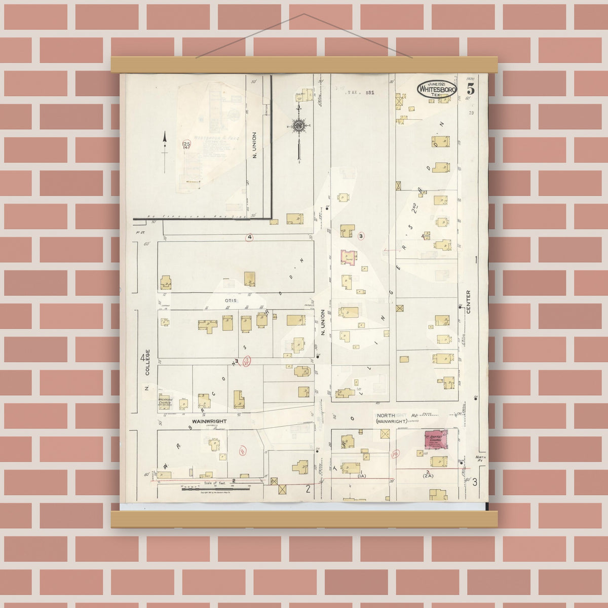 Old map wall art mockup — magnetic wood frame on brick wall — Sanborn Fire Insurance Map from Whitesboro, Grayson County, Texas (1943), Sheet #0005