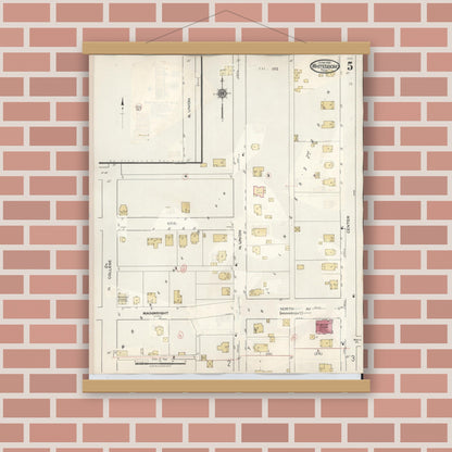 Old map wall art mockup — magnetic wood frame on brick wall — Sanborn Fire Insurance Map from Whitesboro, Grayson County, Texas (1943), Sheet #0005