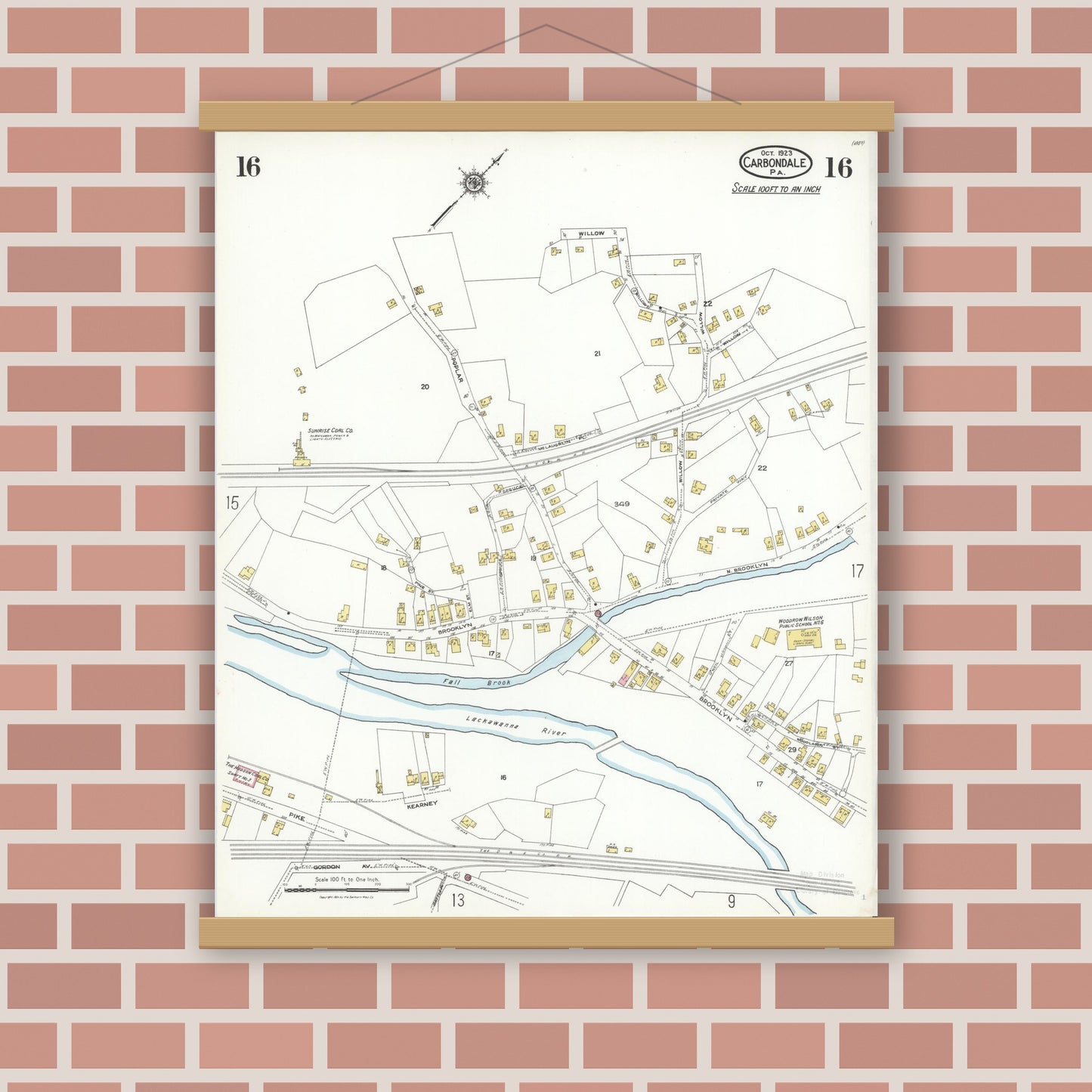 Old map wall art mockup — magnetic wood frame on brick wall — Sanborn Fire Insurance Map from Carbondale, Lackawanna County, Pennsylvania (1923), Sheet #0016