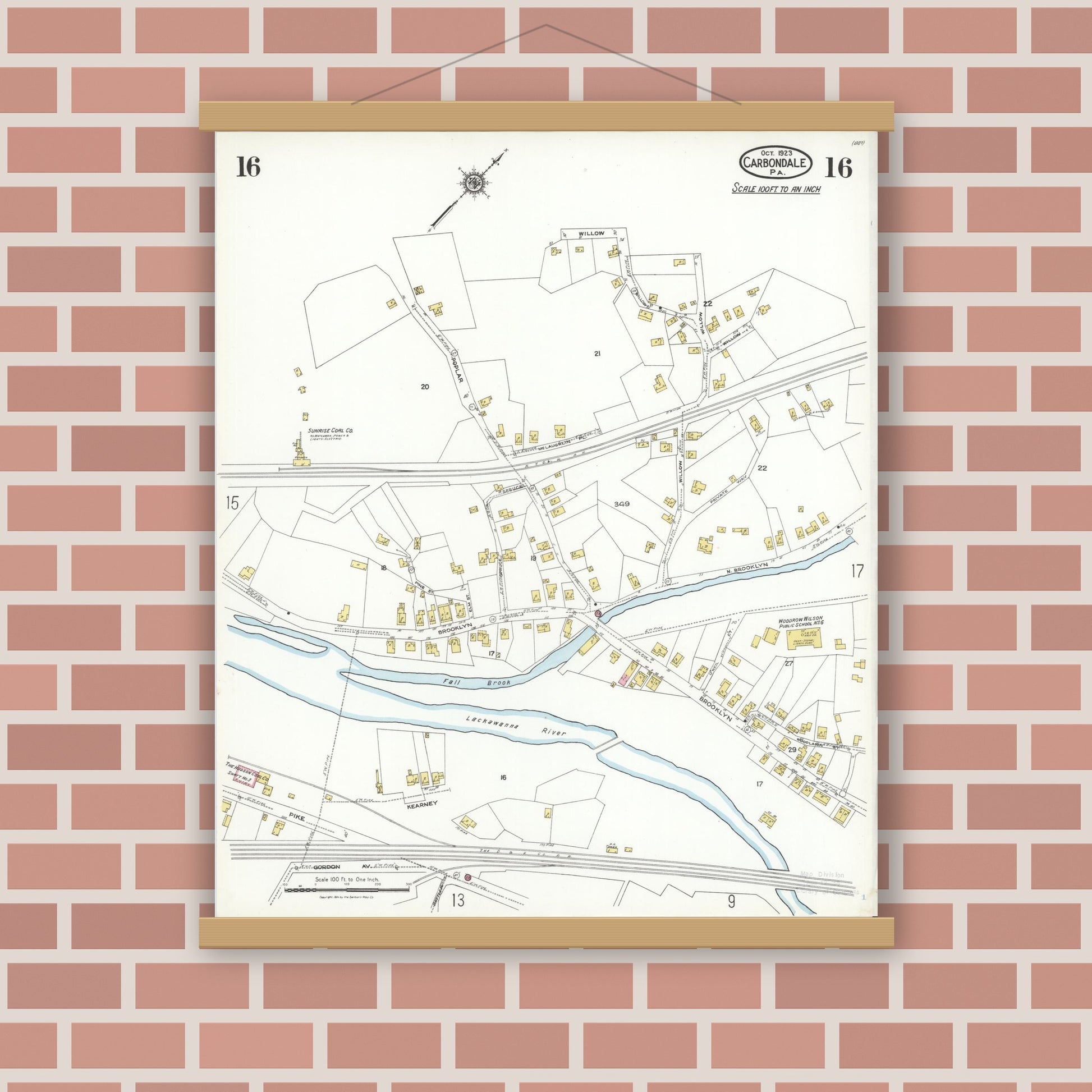 Old map wall art mockup — magnetic wood frame on brick wall — Sanborn Fire Insurance Map from Carbondale, Lackawanna County, Pennsylvania (1923), Sheet #0016