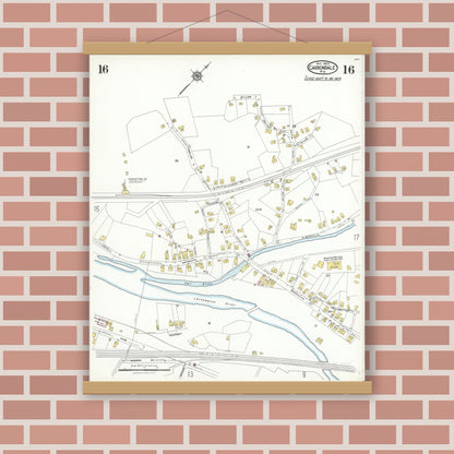 Old map wall art mockup — magnetic wood frame on brick wall — Sanborn Fire Insurance Map from Carbondale, Lackawanna County, Pennsylvania (1923), Sheet #0016