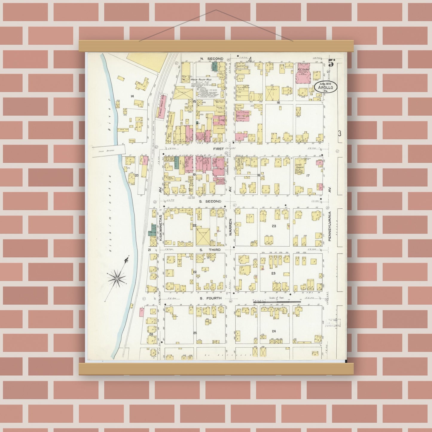 Old map wall art mockup — magnetic wood frame on brick wall — Sanborn Fire Insurance Map from Apollo, Armstrong County, Pennsylvania (1909), Sheet #0005
