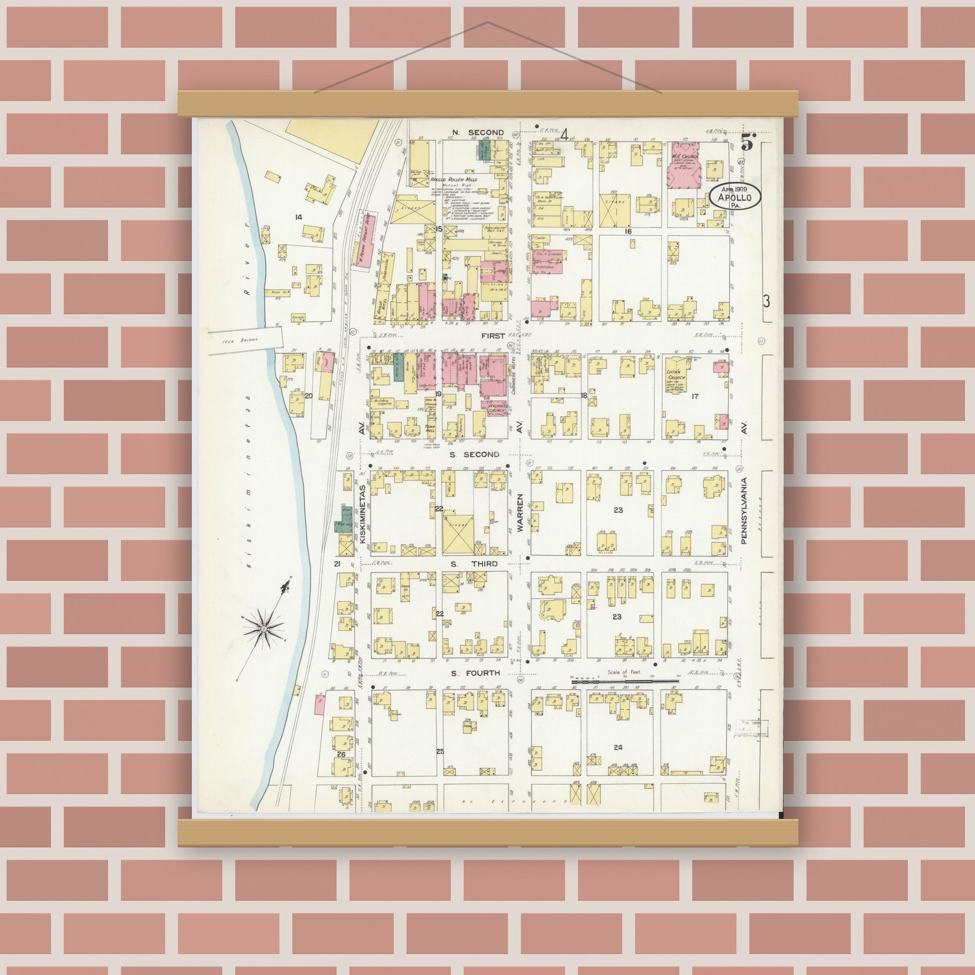 Old map wall art mockup — magnetic wood frame on brick wall — Sanborn Fire Insurance Map from Apollo, Armstrong County, Pennsylvania (1909), Sheet #0005