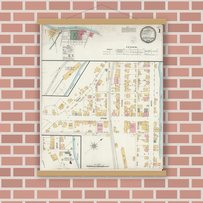 Old map wall art mockup — magnetic wood frame on brick wall — Sanborn Fire Insurance Map from California, Washington County, Pennsylvania (1901), Sheet #0001