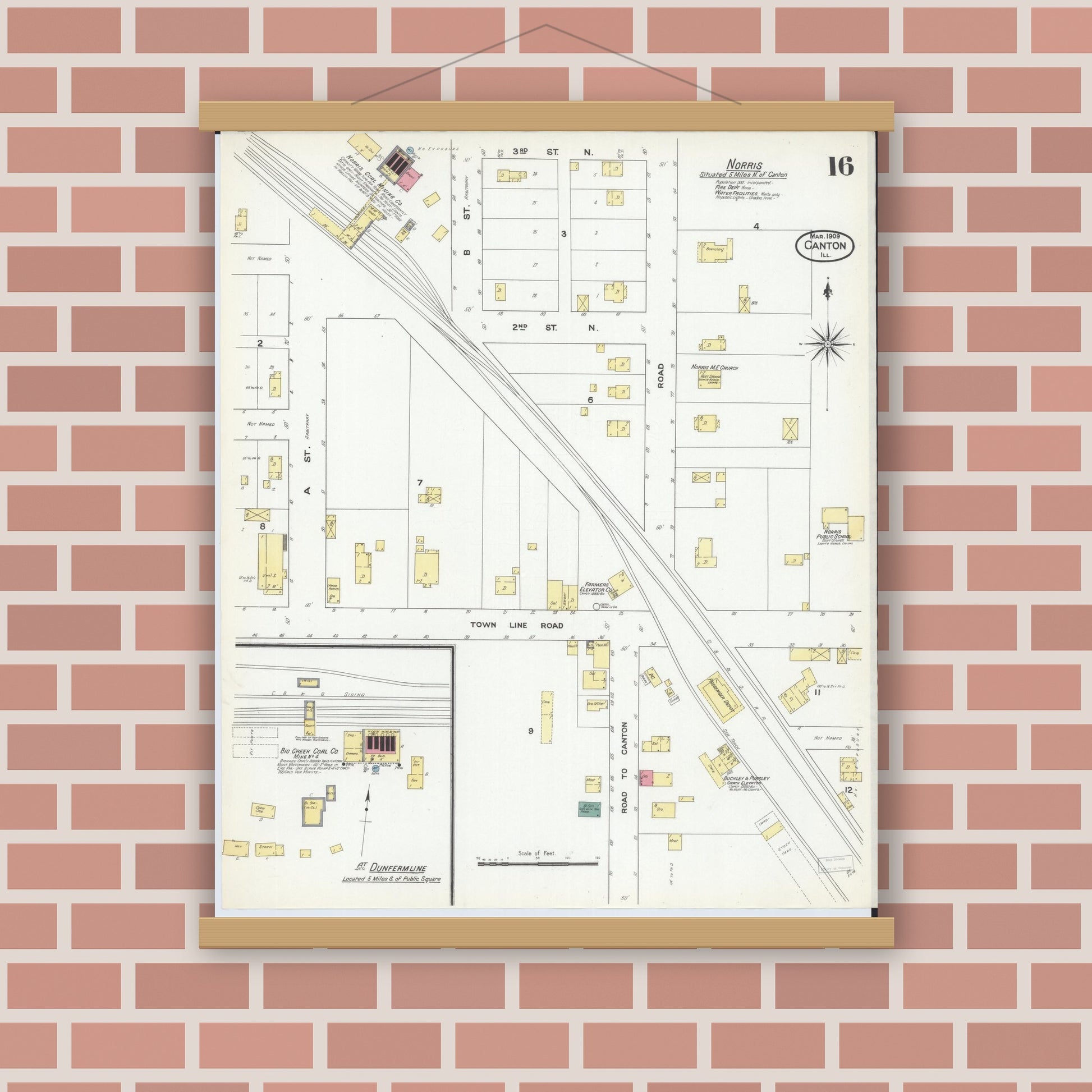 Old map wall art mockup — magnetic wood frame on brick wall — Sanborn Fire Insurance Map from Canton, Fulton County, Illinois (1909), Sheet #0016