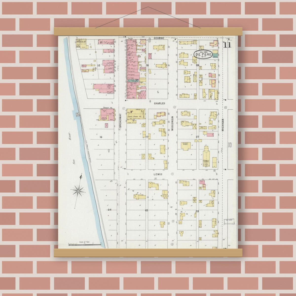 Old map wall art mockup — magnetic wood frame on brick wall — Sanborn Fire Insurance Map from De Pere, Brown County, Wisconsin (1895), Sheet #0011