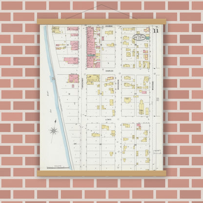 Old map wall art mockup — magnetic wood frame on brick wall — Sanborn Fire Insurance Map from De Pere, Brown County, Wisconsin (1895), Sheet #0011