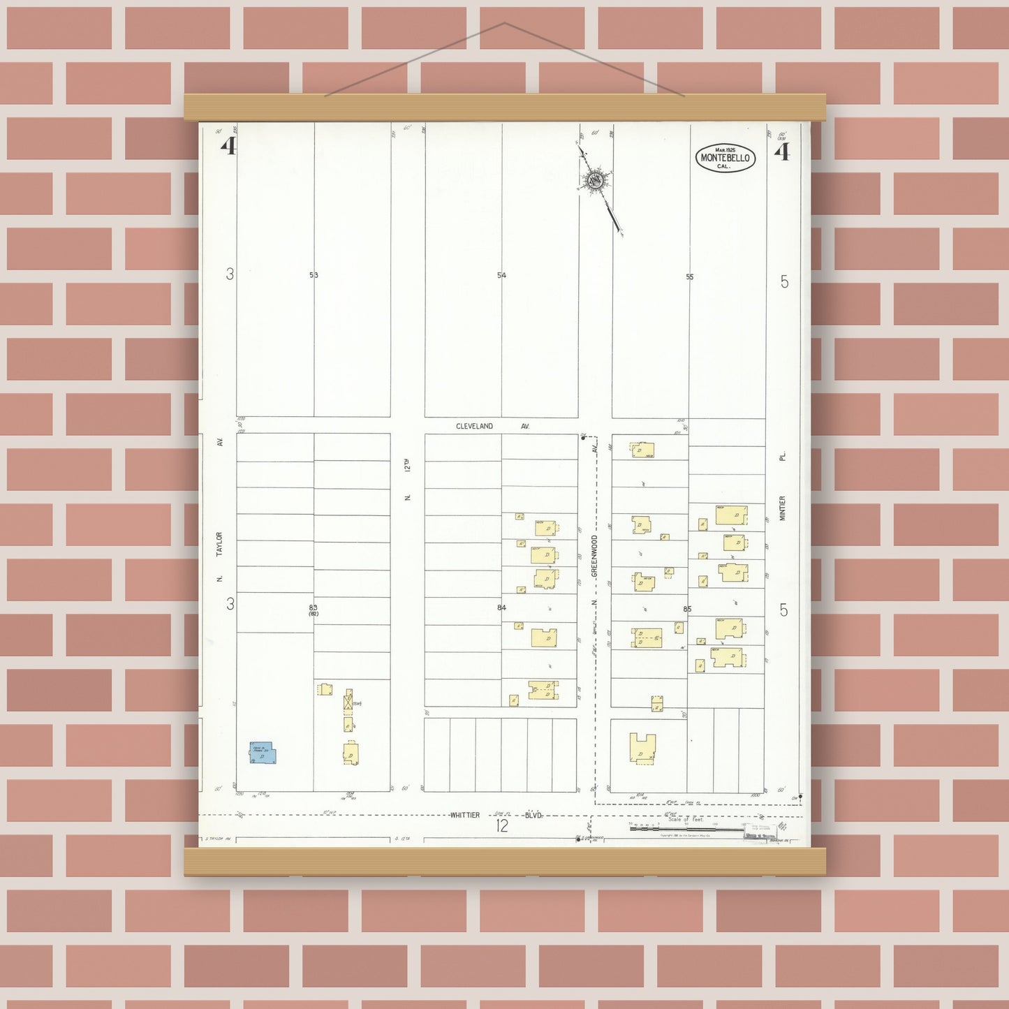 Old map wall art mockup — magnetic wood frame on brick wall — Sanborn Fire Insurance Map from Montebello, Los Angeles County, California (1925), Sheet #0004