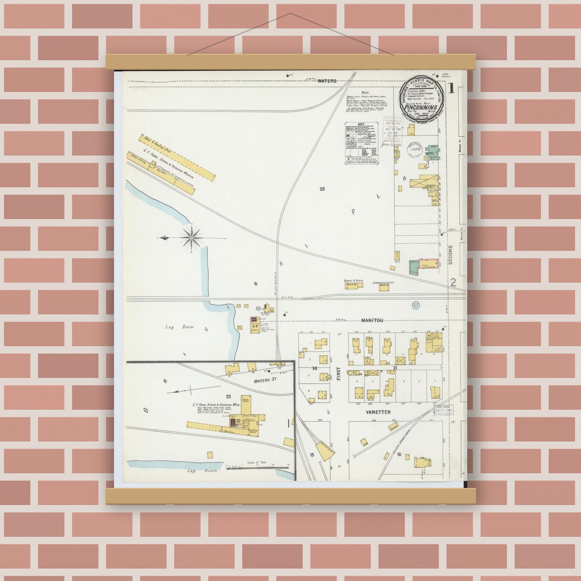 Old map wall art mockup — magnetic wood frame on brick wall — Sanborn Fire Insurance Map from Pinconning, Bay County, Michigan (1900) - Complete Map Set