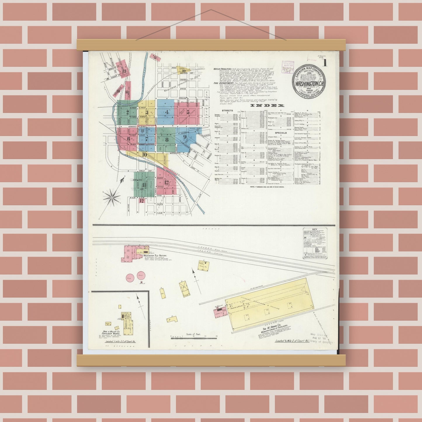 Old map wall art mockup — magnetic wood frame on brick wall — Sanborn Fire Insurance Map from Washington Court House, Fayette County, Ohio (1907) - Complete Map Set