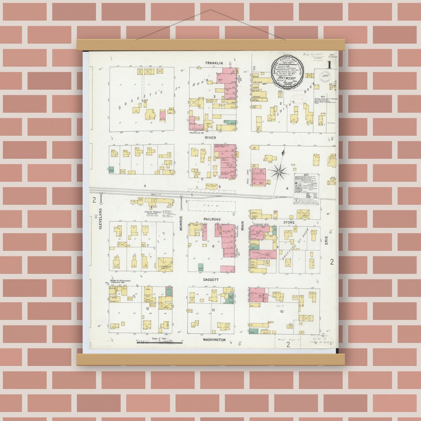 Old map wall art mockup — magnetic wood frame on brick wall — Sanborn Fire Insurance Map from Antwerp, Paulding County, Ohio (1899) - Complete Map Set
