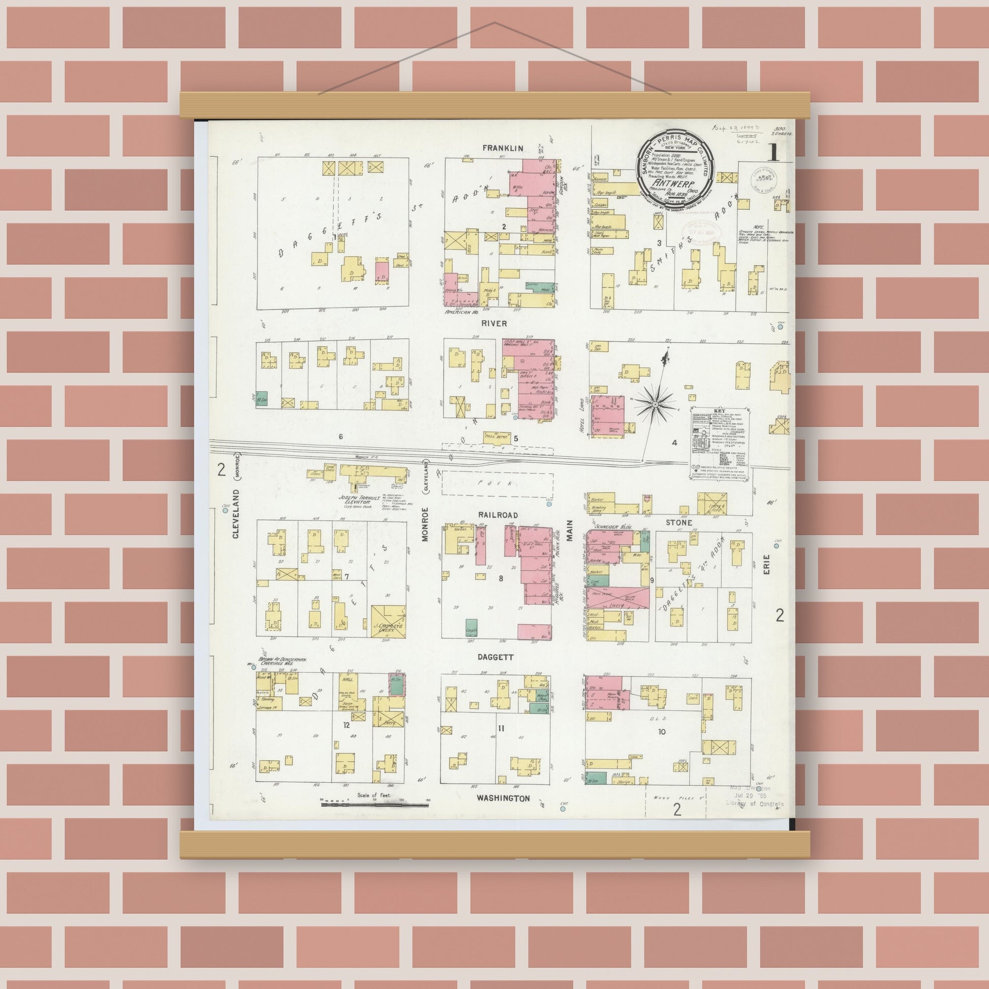Old map wall art mockup — magnetic wood frame on brick wall — Sanborn Fire Insurance Map from Antwerp, Paulding County, Ohio (1899) - Complete Map Set