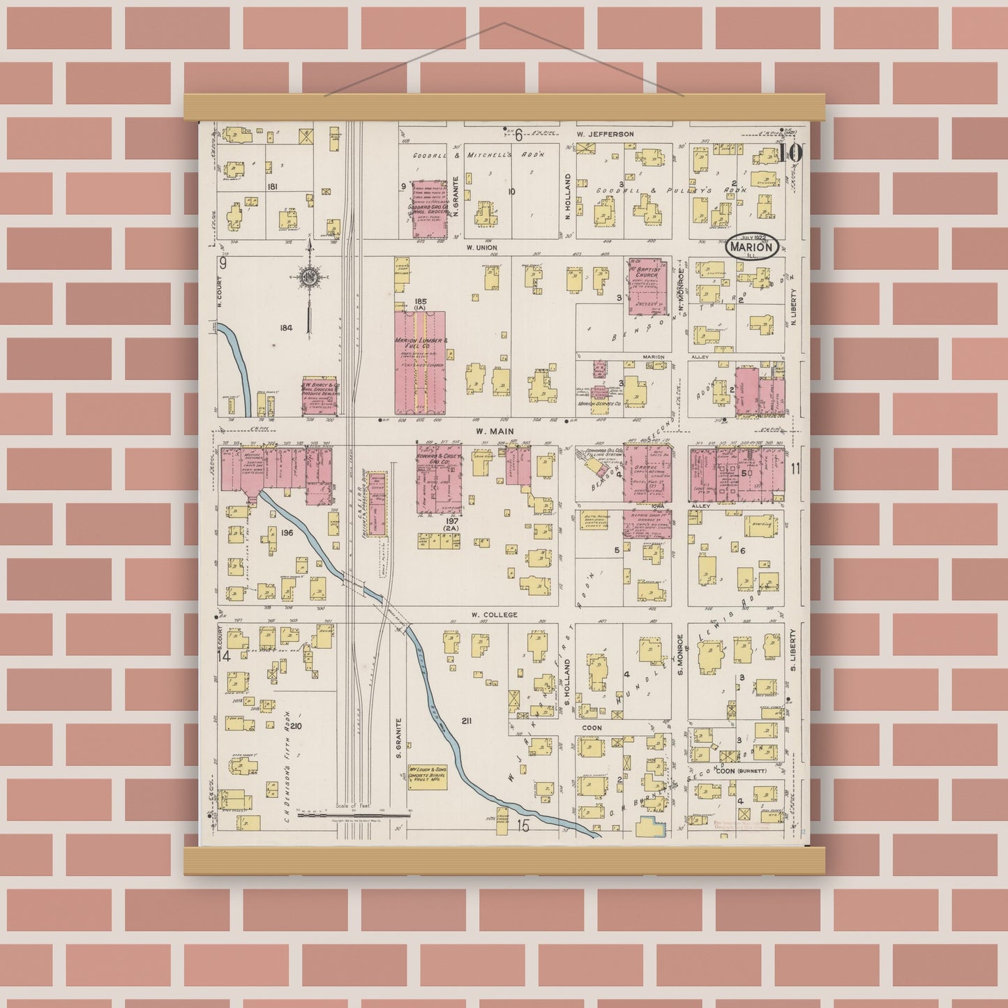 Old map wall art mockup — magnetic wood frame on brick wall — Sanborn Fire Insurance Map from Marion, Williamson County, Illinois (1922), Sheet #0010