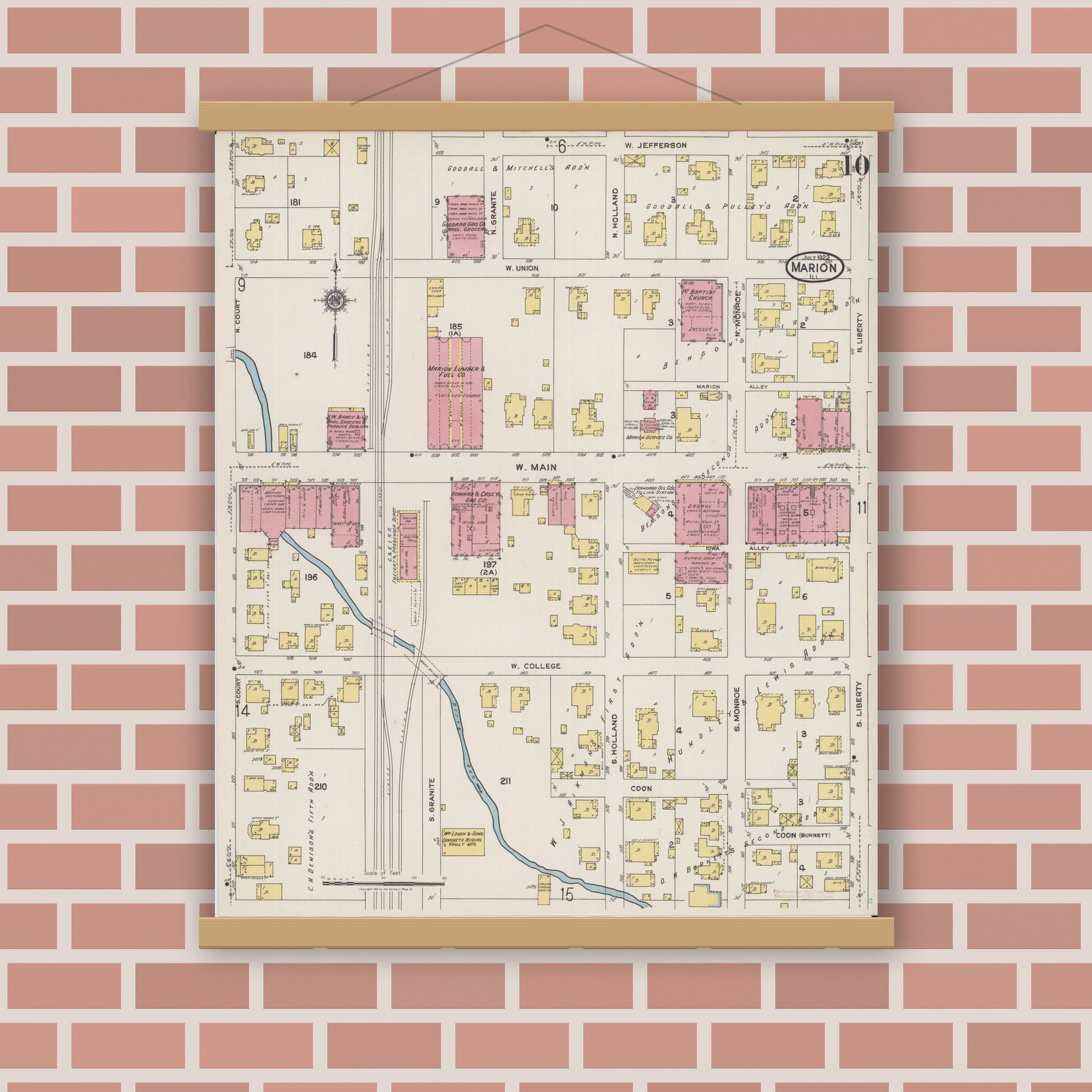 Old map wall art mockup — magnetic wood frame on brick wall — Sanborn Fire Insurance Map from Marion, Williamson County, Illinois (1922), Sheet #0010