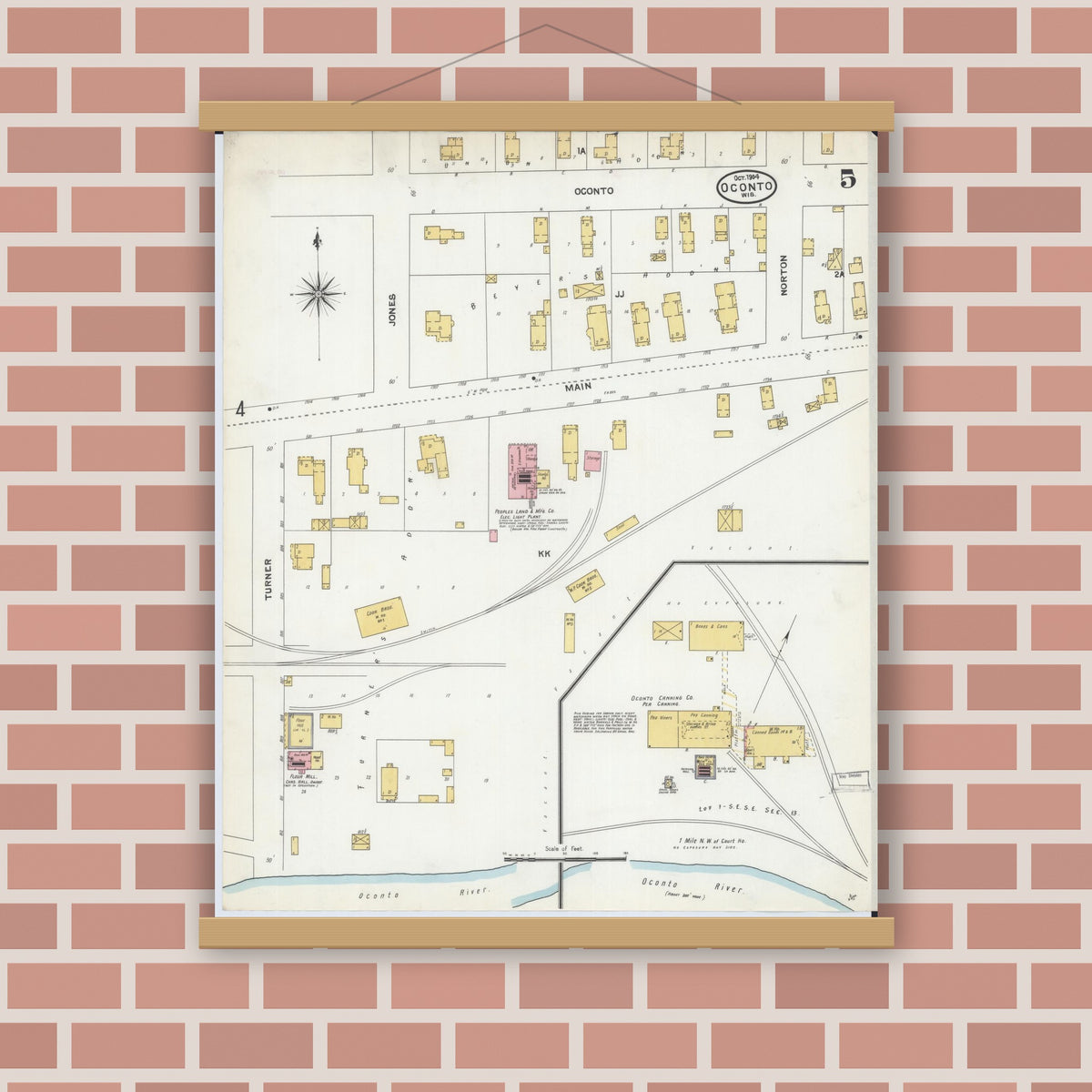 Old map wall art mockup — magnetic wood frame on brick wall — Sanborn Fire Insurance Map from Oconto, Oconto County, Wisconsin (1904), Sheet #0005