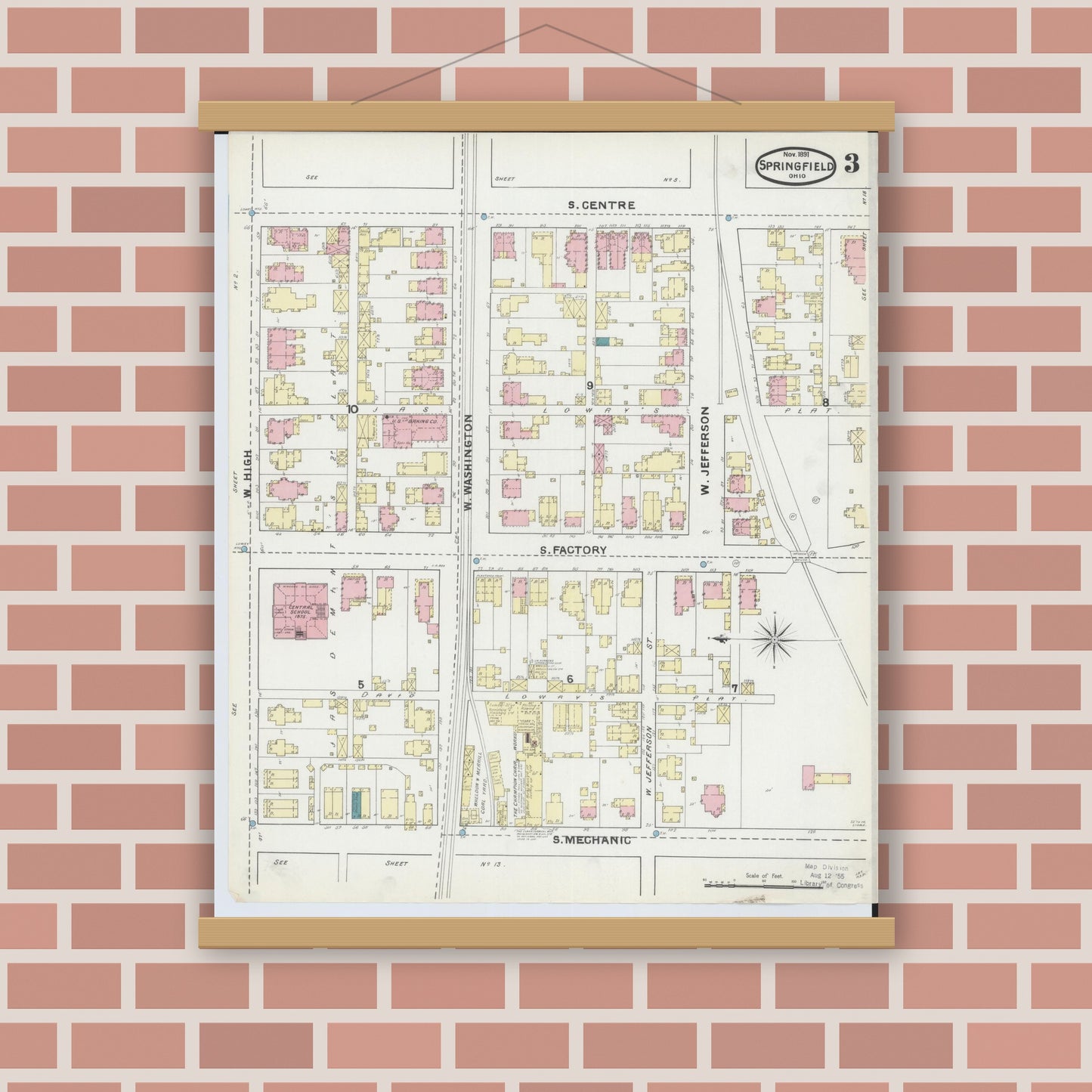 Old map wall art mockup — magnetic wood frame on brick wall — Sanborn Fire Insurance Map from Springfield, Clark County, Ohio (1891), Sheet #0003
