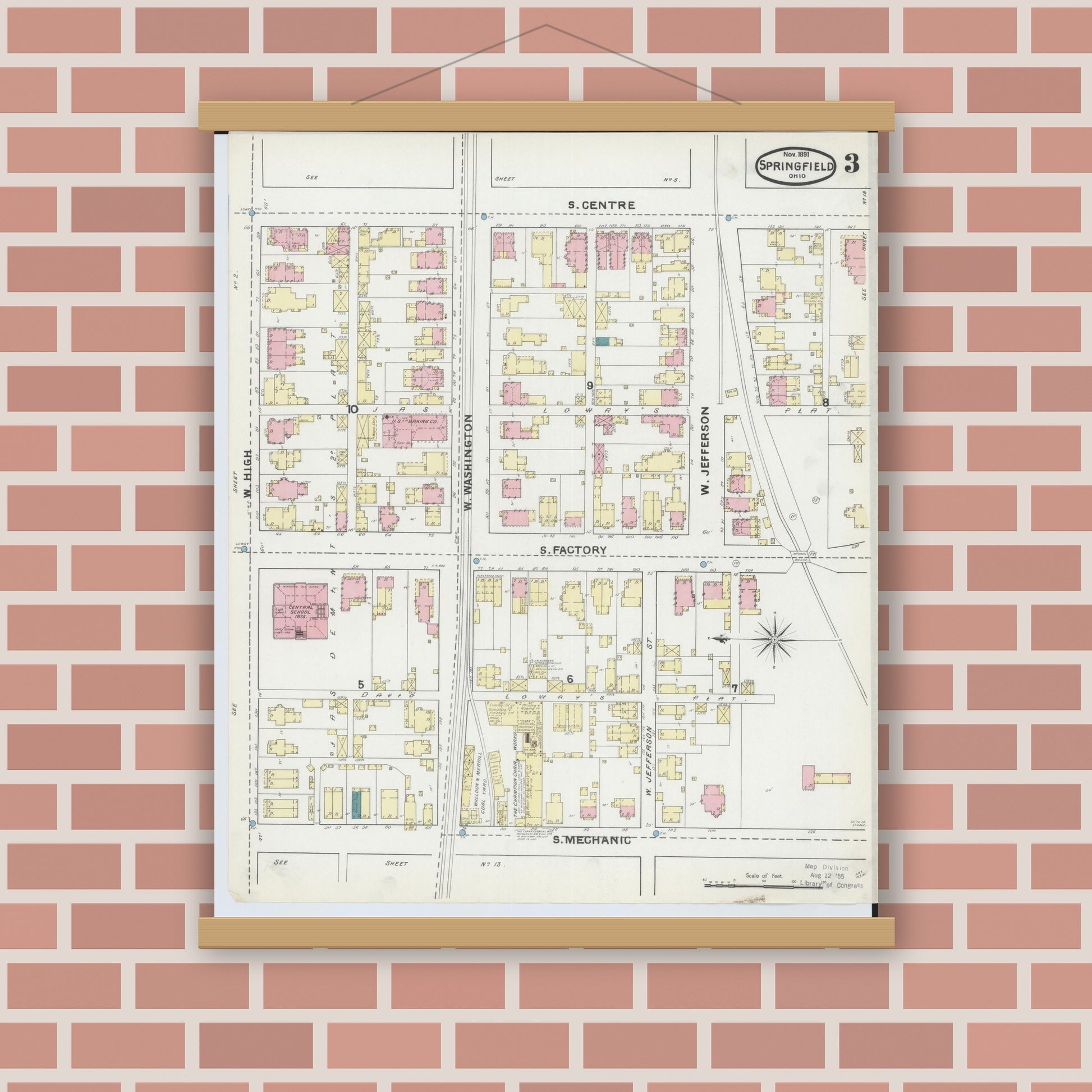 Old map wall art mockup — magnetic wood frame on brick wall — Sanborn Fire Insurance Map from Springfield, Clark County, Ohio (1891), Sheet #0003