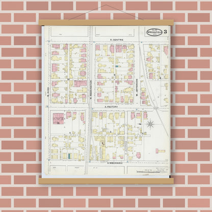 Old map wall art mockup — magnetic wood frame on brick wall — Sanborn Fire Insurance Map from Springfield, Clark County, Ohio (1891), Sheet #0003