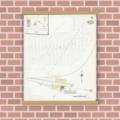 Old map wall art mockup — magnetic wood frame on brick wall — Sanborn Fire Insurance Map from Frazee, Becker County, Minnesota (1914), Sheet #0006