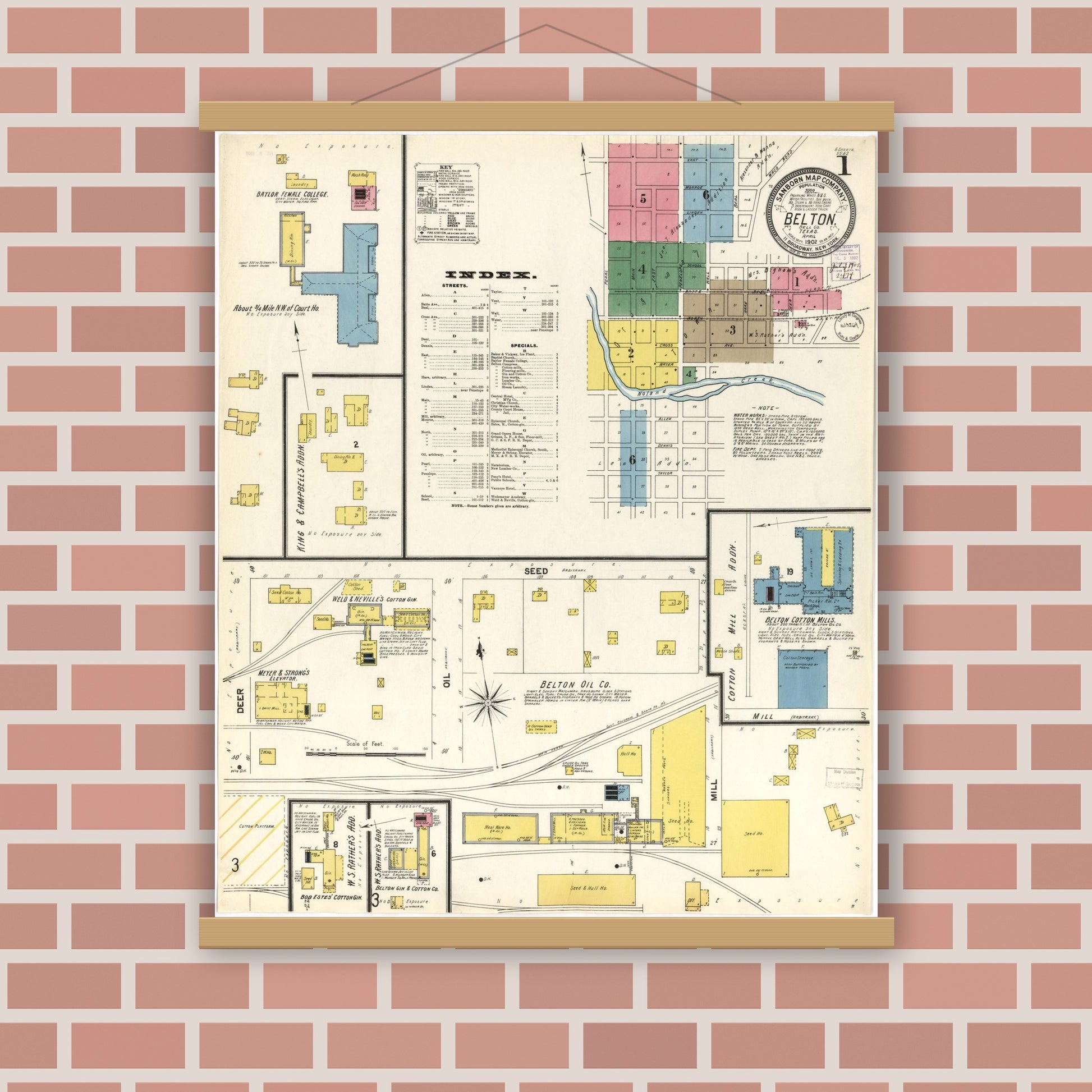 Old map wall art mockup — magnetic wood frame on brick wall — Sanborn Fire Insurance Map from Belton, Bell County, Texas (1902), Sheet #0001