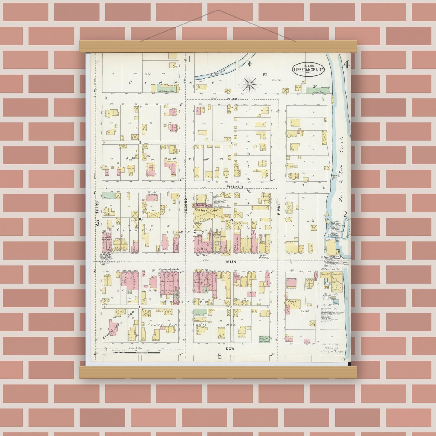Old map wall art mockup — magnetic wood frame on brick wall — Sanborn Fire Insurance Map from Tipp City, Miami County, Ohio (1898), Sheet #0004