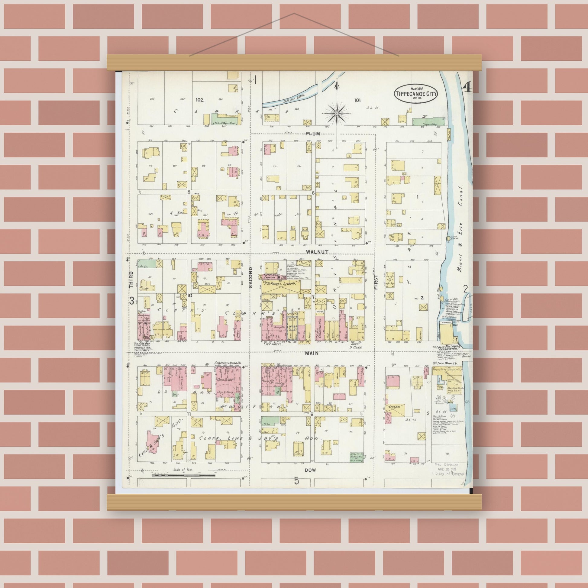 Old map wall art mockup — magnetic wood frame on brick wall — Sanborn Fire Insurance Map from Tipp City, Miami County, Ohio (1898), Sheet #0004