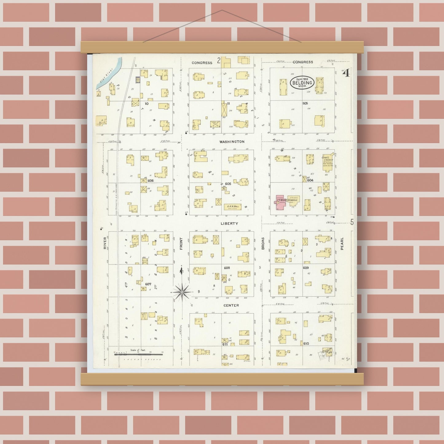 Old map wall art mockup — magnetic wood frame on brick wall — Sanborn Fire Insurance Map from Belding, Ionia County, Michigan (1908), Sheet #0004