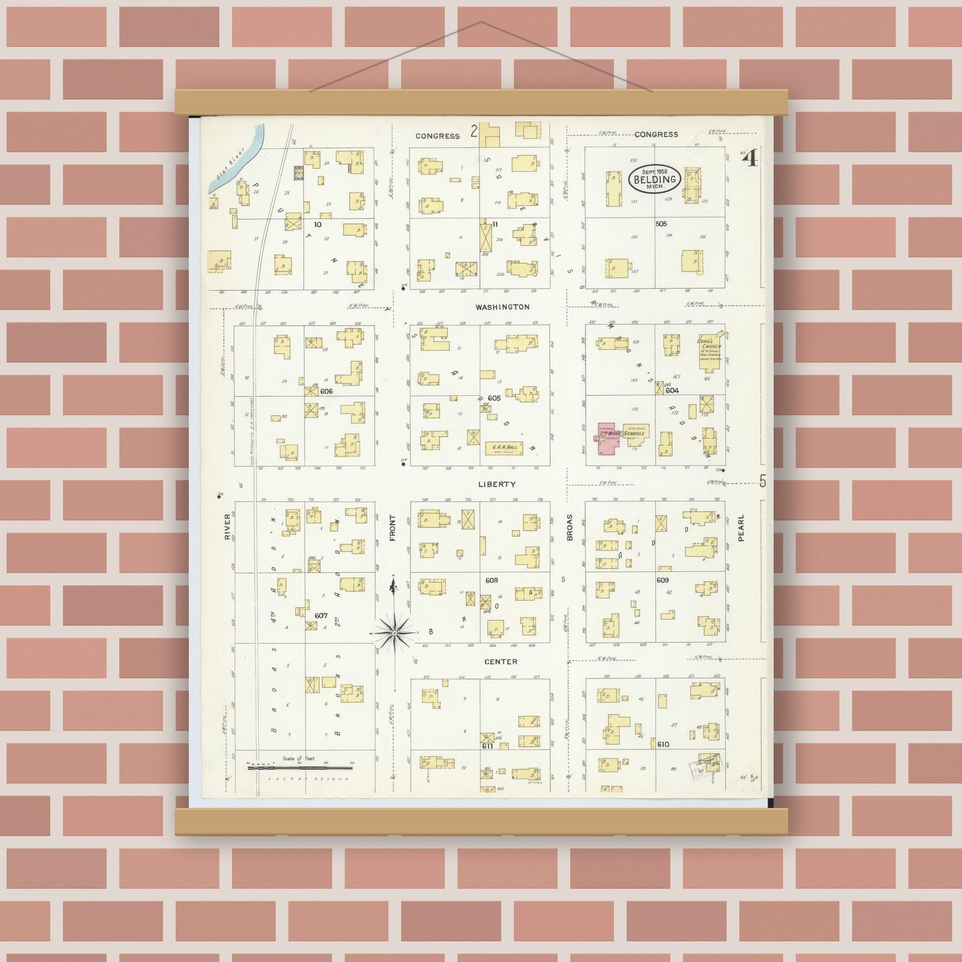 Old map wall art mockup — magnetic wood frame on brick wall — Sanborn Fire Insurance Map from Belding, Ionia County, Michigan (1908), Sheet #0004